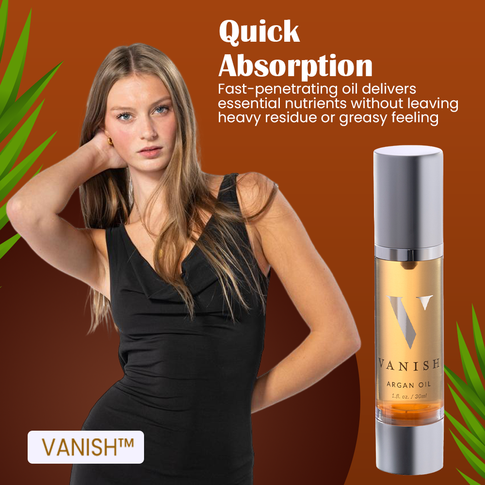 Woman with long hair against a brown background with Vanish argan oil bottle.